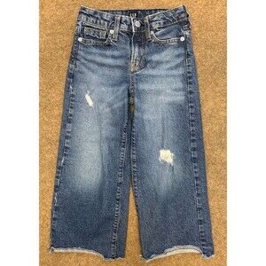 Gap Jeans Girls 7 Wide-Leg Raw Hem Distressed Whiskered Stretch Festival Denim